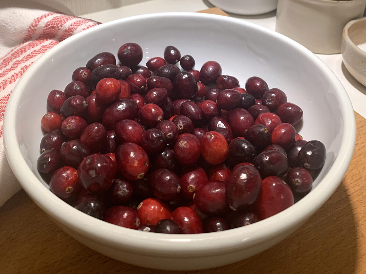 Bowl of washed cranberries
