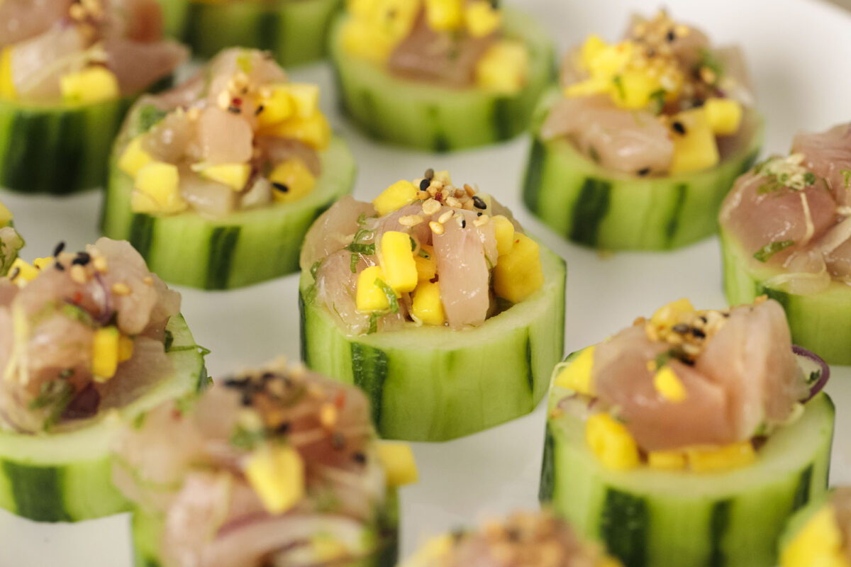 Tuna tartare cucumber cups geometrically arranged