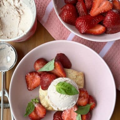 A shortcake in a pink bowl, topped with strawberries and a scoop of ice cream, garnished with fresh mint.