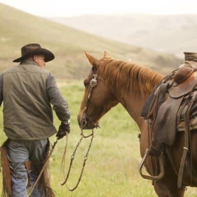 Rancher Dan Probert of Lightning Bolt Cattle in an open field with his horse.