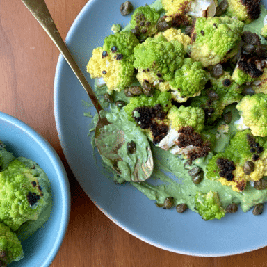 A Big Blue Platter Of Bright Green Romanesco Arranged On A Creamy Green Sauce, With A Few Florets Spooned Into A Smaller Bowl