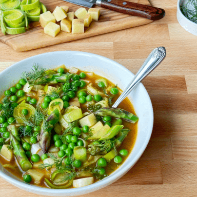 A Bowl Of Spring Celebration Veggie Soup On A Wooden Surface With A Cutting Board Of Peas And Potatoes And A Dish Off Fresh Dill In The Background