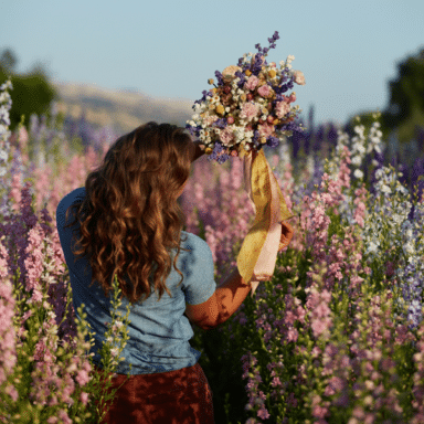 Muller shot from behind Harvesting A Spring Bouquet from a lush field of flowers