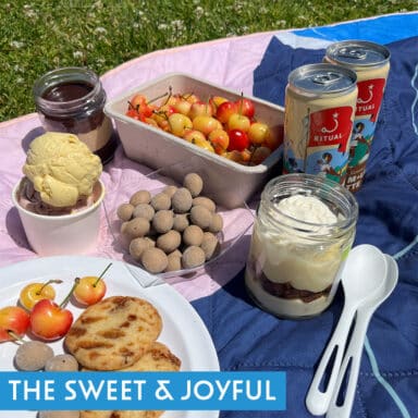 Picnic spread with coffee, parfaits, cookies, cherries, ice cream