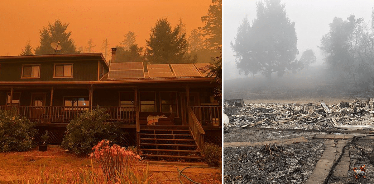 A Final Photo Of The Bartles’ Home Under A Red Sky. Two Dog Farm The Site Of The Bartles’ Home After The Fire. Two Dog Farm 