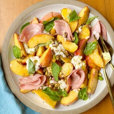 Peach & Burrata Salad with Pistachios