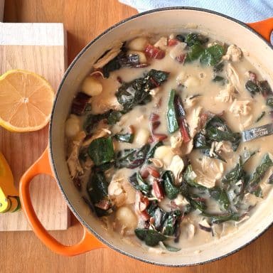 Lemon Chicken Stew with Rainbow Chard & Potato Gnocchi
